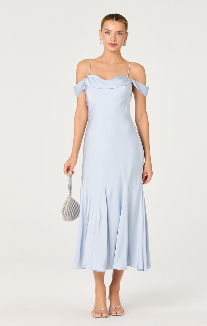 satin off shoulder midi dress Satin Off-Shoulder Corset Midi Dress shopaleena