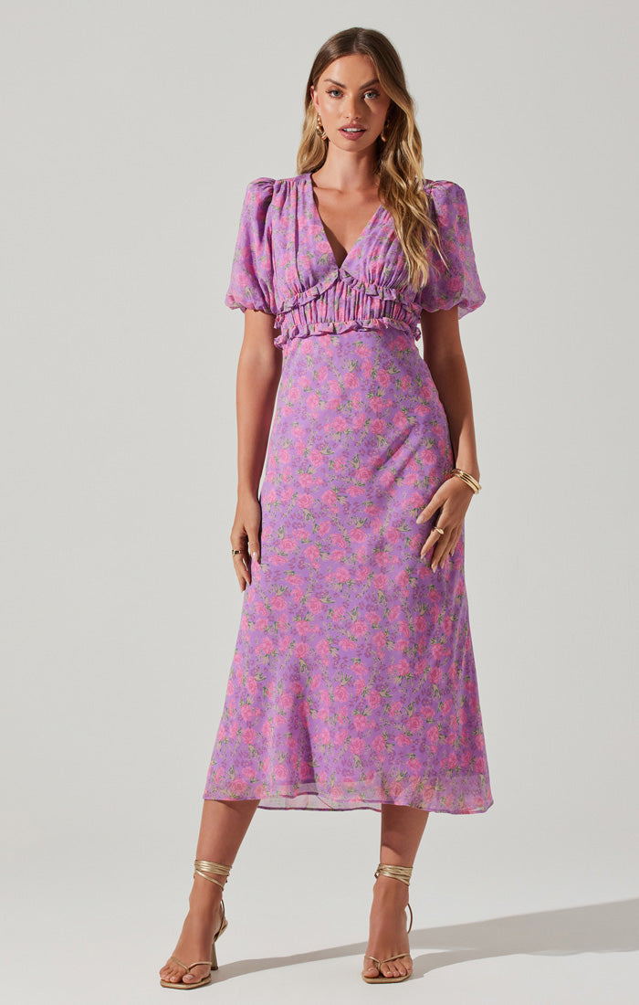 ASTR the Label | Esperanza Floral Puff Sleeve Midi Dress in Purple Pink Floral