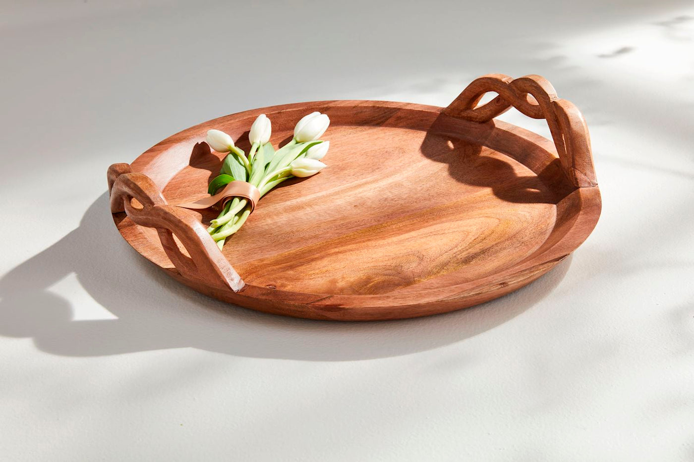 WOOD BRAIDED HANDLE TRAY