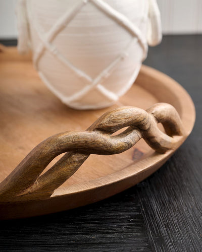 WOOD BRAIDED HANDLE TRAY