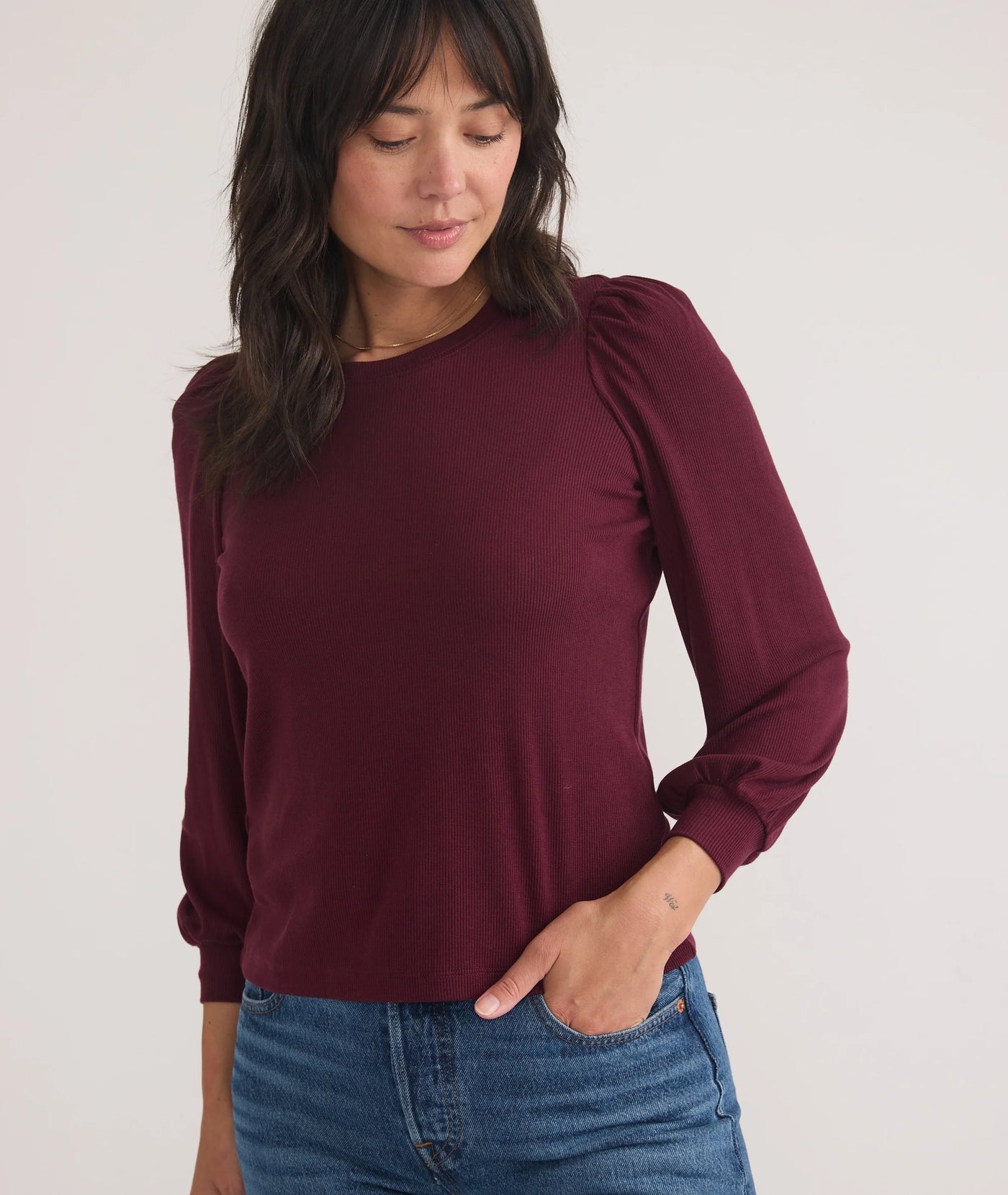 Lexi Rib Puff Sleeve Top - Windsor Wine