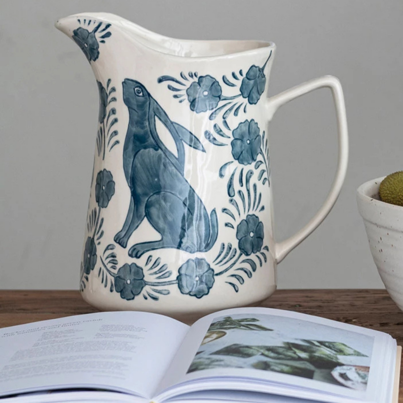Blue Rabbit Floral Stoneware Pitcher
