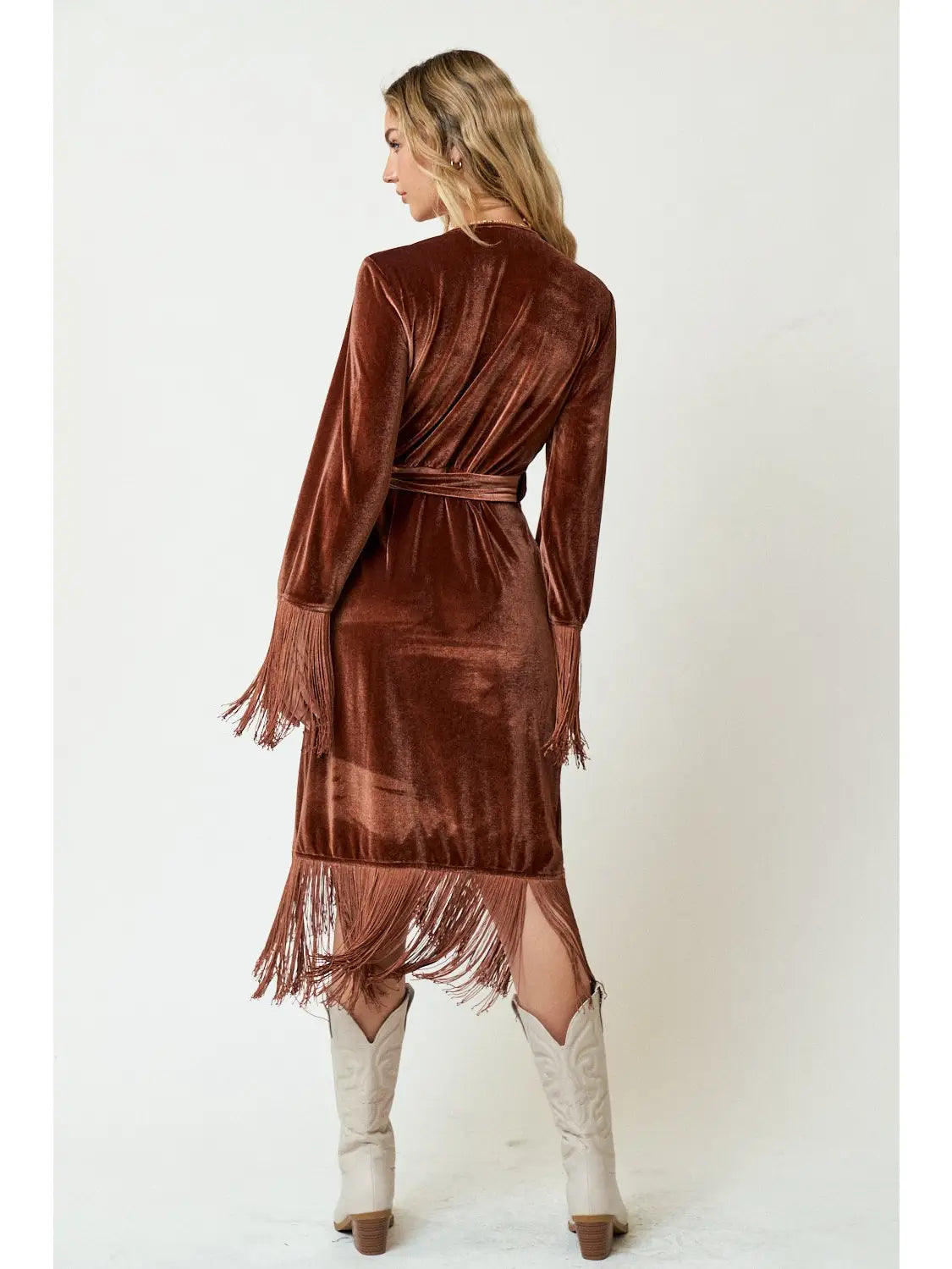 Marlow Bronze Fringe Velvet Wrap Dress