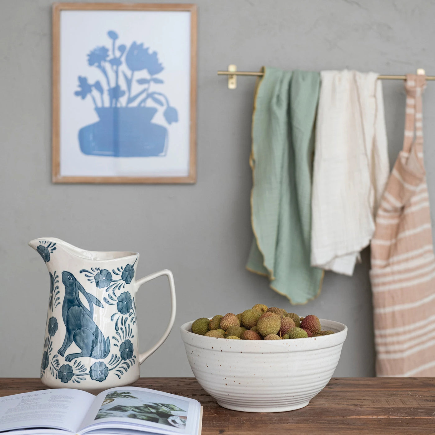 Blue Rabbit Floral Stoneware Pitcher
