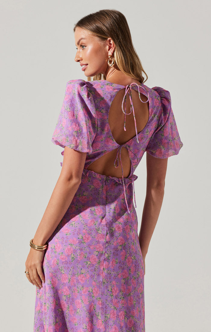 ASTR the Label | Esperanza Floral Puff Sleeve Midi Dress in Purple Pink Floral