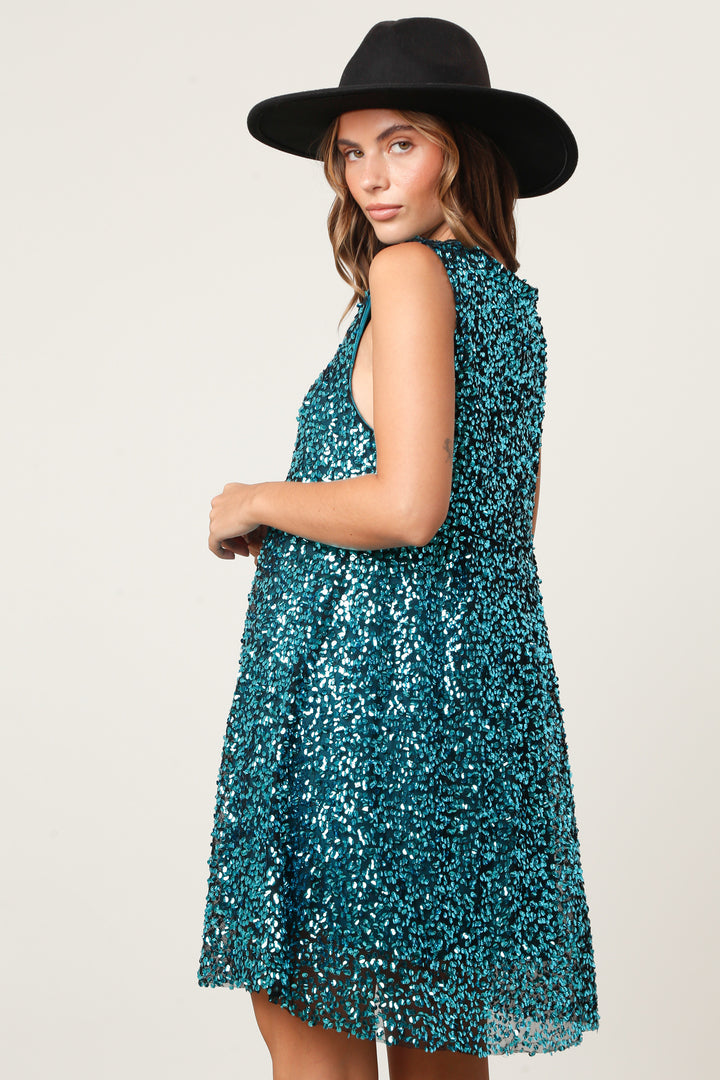 turquoise sequin mini dress Eavey Turquoise Sequin Mini Dress L / Turquoise